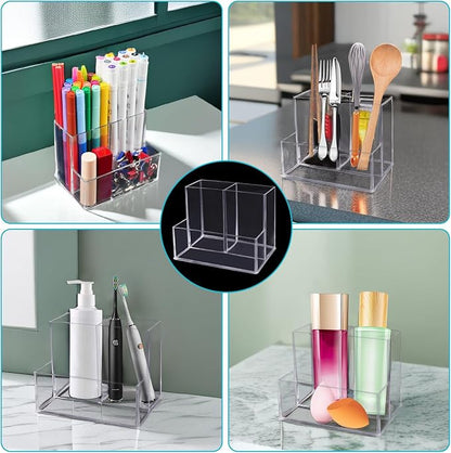 HSYMQ Desktop Clear Pen Holder with 3 Compartments, Acrylic Pencil Holders, Desk Organizers and Accessories