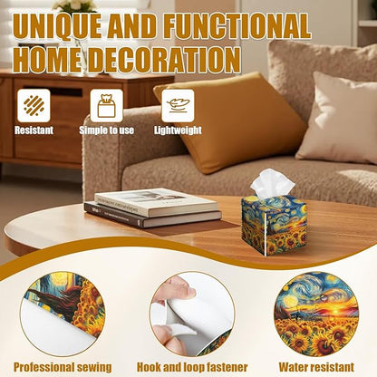 Starry Night Sunflower Tissue Box Cover 2PCS, Leather Tissue Box Holder Square Facial Paper Case Tissue Box Cube Organizer for Bathroom Bedroom Desk Office