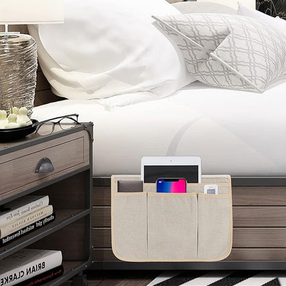 Bedside Caddy Bedside Storage Organizer Magazine Phone Tablet iPad Remote Holder, Organizer Caddy for Home College Dorm Bed, Sofa, Bunk Bed (Pale Khaki)