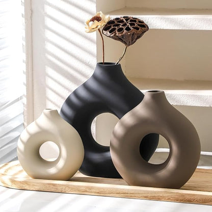 Vanselia Ceramic Vase Home Table Decor - Flower Vases Set of 3 Small Living Room Centerpiece Decorations for Shelf Bedroom Office Kitchen Dining Desk Modern Aesthetic Farmhouse Decorative (Classic)