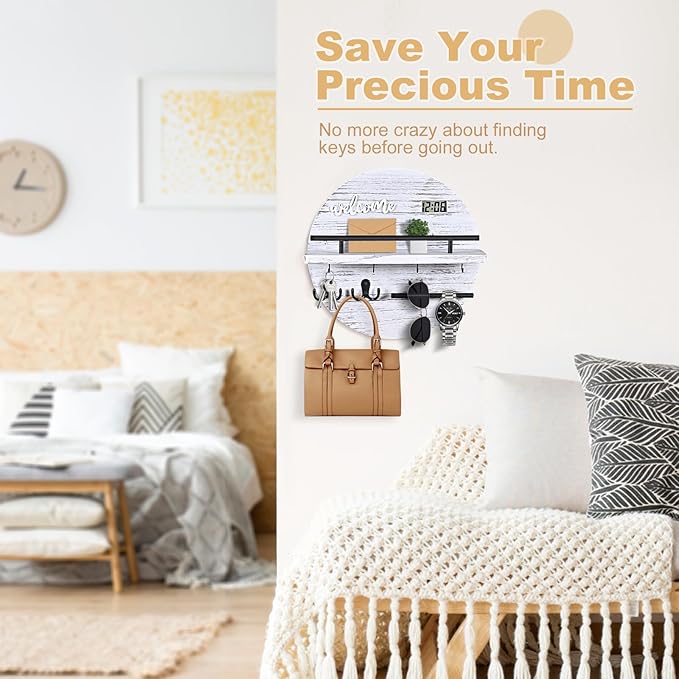 Key Holder for Wall, Round Wooden Rustic Key and Mail Organizer for Wall - Key Holder Wall Mount for Entryway, Mudroom, Hallway, Kitchen, Office - Home Decor (Pale White)