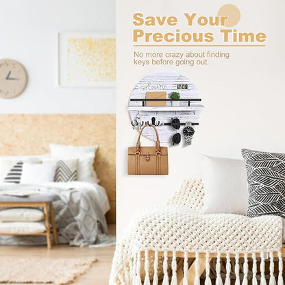 Key Holder for Wall, Round Wooden Rustic Key and Mail Organizer for Wall - Key Holder Wall Mount for Entryway, Mudroom, Hallway, Kitchen, Office - Home Decor (Pale White)
