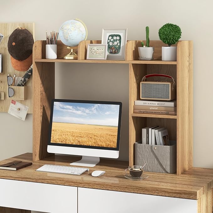 Desk Hutch, Desktop Shelf with 5 Shelves, Desk Bookshelf w/Anti-Toppling Devices, Wood Table Top Bookshelf Organizer, Small Desk Shelf for Study, Office, Dorm (Natural, 5 Shelves)