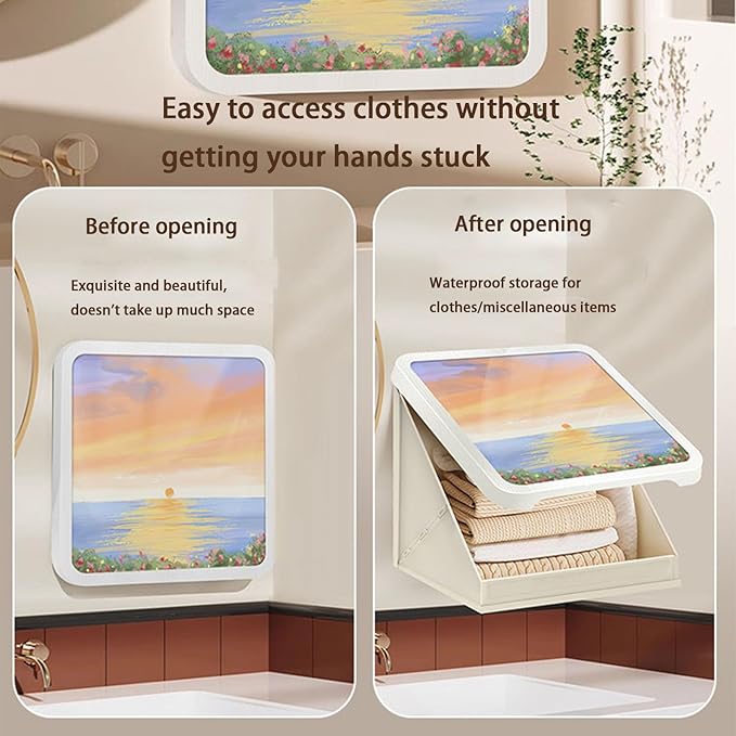 Bathroom Mural Storage Cabinet, 15 * 15in Waterproof Foldable Organizer, No Drill Wall Mounted Shelves with Hooks, Space Saving Decorative Storage Box for Shower, Laundry, Dorm (A)