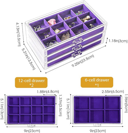 ProCase Earring Holder Organizer Jewelry Box with 3 Drawers, Acrylic Clear Earring Case with Adjustable Velvet Trays for Women - Purple, 3 Layers