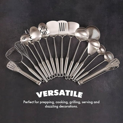 18/10 Stainless Steel Cooking Utensils Set - 16 PCS All Metal Small & Large Kitchen Spoons, Serving Utensils - Whisk, Masher, Fork, Tongs, Solid/Slotted Spoon, Spatula, Turner, Ladle, Skimmer, Pasta