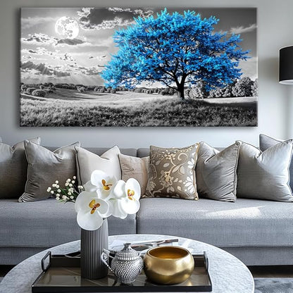 Blue Tree Canvas Wall Art - Modern landscape Paintings for Living Room, Bedroom Wall Decor, Framed Wall Art for Home or Office Decoration, Large Wall Art 20"x40"(50CMx100CM)