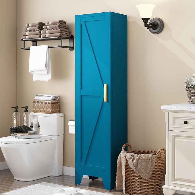 COFaR Tall Bathroom Cabinet, Metal Farmhouse Narrow Slim Storage Cabinet with Adjustable Shelves Barn Door for Bathrooms, Kitchens, Entrances Living Room (Blue)