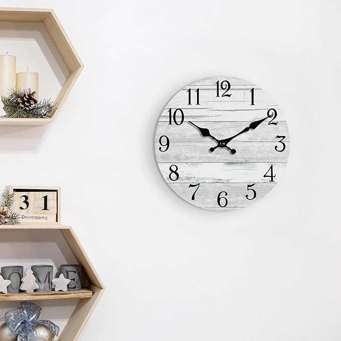 Wall Clock Battery Operated 12 Inch Gray Silent Non Ticking Country Rustic Design Vintage Retro Decorative for Bathroom Kitchen Bedroom