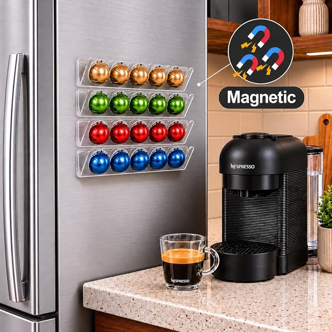 LifeMoreasy Magnetic Coffee Pods Holder for Nespresso Vertuo & Dolce Gusto, Self-Adhesive Wall Mounted Capsule Organizer for Kitchen Cabinet Fridge(4 Packs for 20 Pods) (Clear)