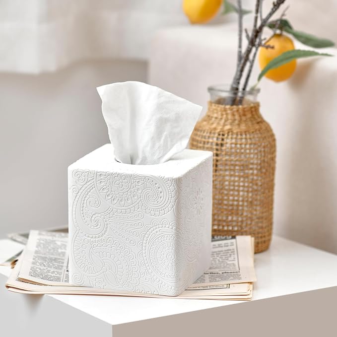 Square Tissue Box Cover Decorative,Napkin Dispenser,Facial Paper Holder for Bathroom Vanity Countertop,Bedroom Dresser,Night Stand, Desk, Office and End Table,Boho Flowers White