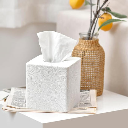 Square Tissue Box Cover Decorative,Napkin Dispenser,Facial Paper Holder for Bathroom Vanity Countertop,Bedroom Dresser,Night Stand, Desk, Office and End Table,Boho Flowers White