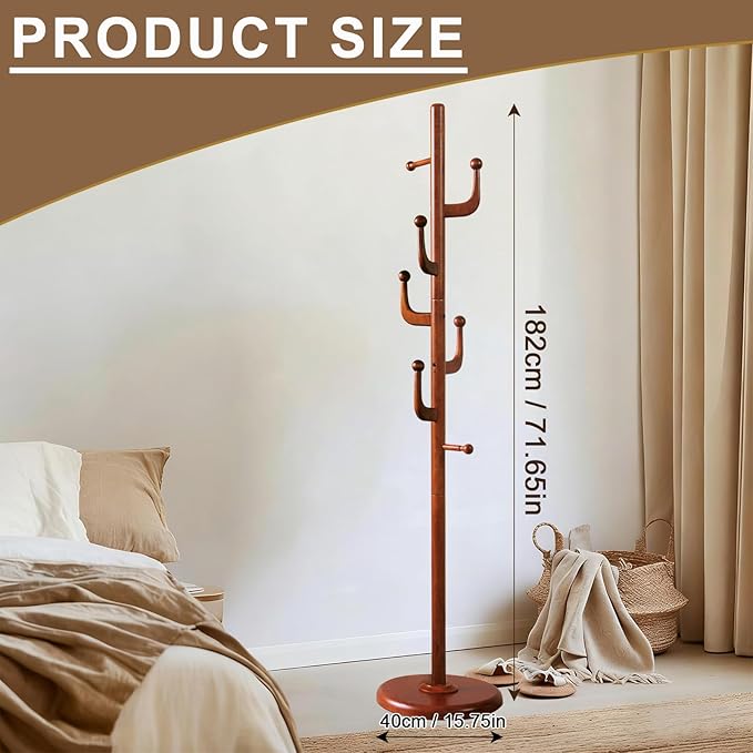 Solid Wooden Coat Rack Stand, Coat Racks Freestanding with 7 Hooks, Natural Birch Wood Coat stands with Sturdy Round Base, Tree Coat Hanger Standing for Entryway Bedroom Office (Cactus Design)