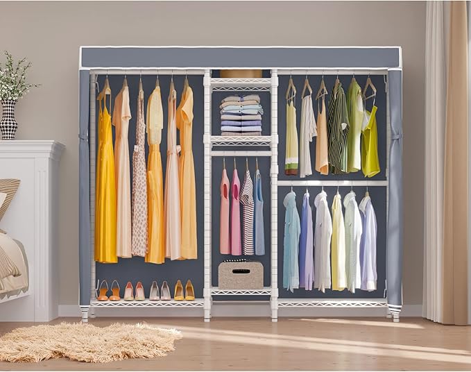 VIPEK Classic V6C Heavy Duty Covered Clothes Rack Portable Wardrobe Closet, 5 Tiers Wire Garment Rack White Metal Clothing Rack with Grey Oxford Cover, 70.1" L x 17.3" W x 76.4" H, Max Load 870 LBS