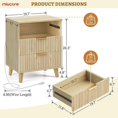Fluted nightstands Set of 2, 20 inch Modern Nightstand with Charging Station Wood Bedside End Table with 3 Large Storage Drawers, Tall Side Table for Bedroom Sofa Office Oak Natural