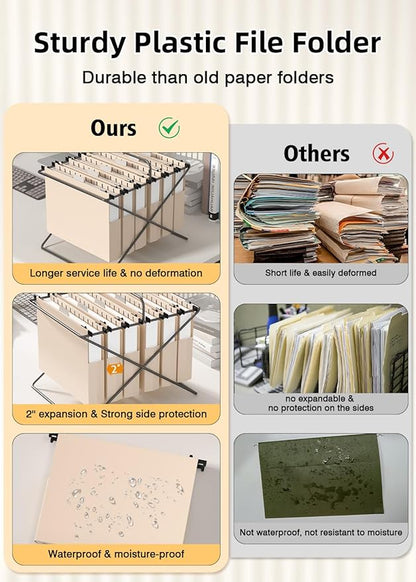 Extra Capacity Plastic Hanging File Folders,12 Pack Reinforced Hang Folder,Heavy Duty 2 Inch Expansion,Filing Cabinet Folders Letter Size for Bulk Files/Medical Charts(Light Beige)