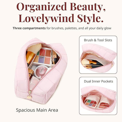 Makeup Bag for Women, Travel Cosmetic Bag Organizer with Compartments, Quilted Puffy Toiletry Pouch for Brushes, Essentials and Accessories, Pink