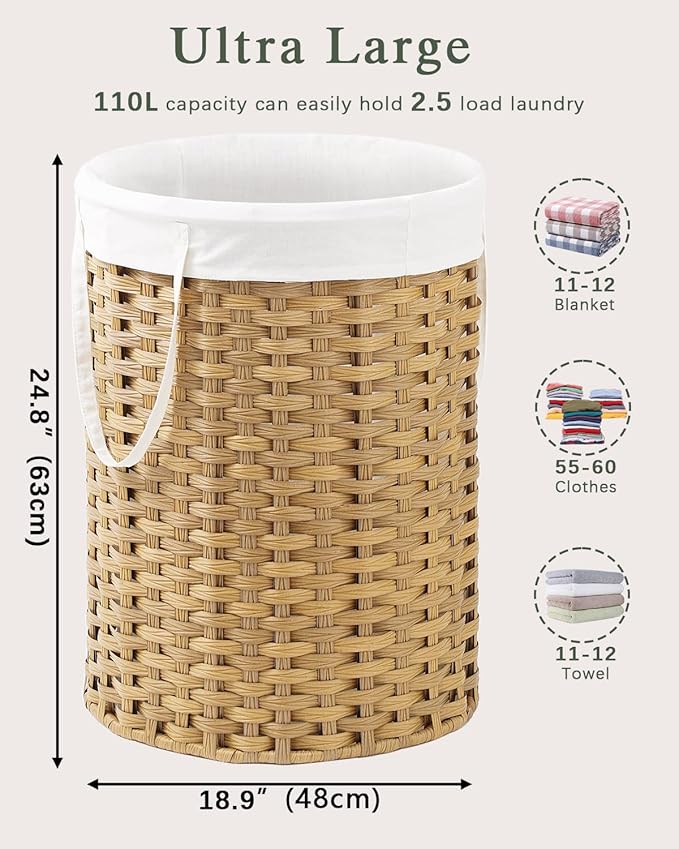 SETVSON Laundry Basket Round Rattan Laundry Hamper 29.1 Gal(110 L)Handwoven Large Wicker Basket with Handles, Wicker Hamper with Removable Bags and 2 Mesh Bags for Bathroom Living Room Natural(No Lid)