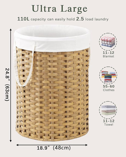 SETVSON Laundry Basket Round Rattan Laundry Hamper 29.1 Gal(110 L)Handwoven Large Wicker Basket with Handles, Wicker Hamper with Removable Bags and 2 Mesh Bags for Bathroom Living Room Natural(No Lid)