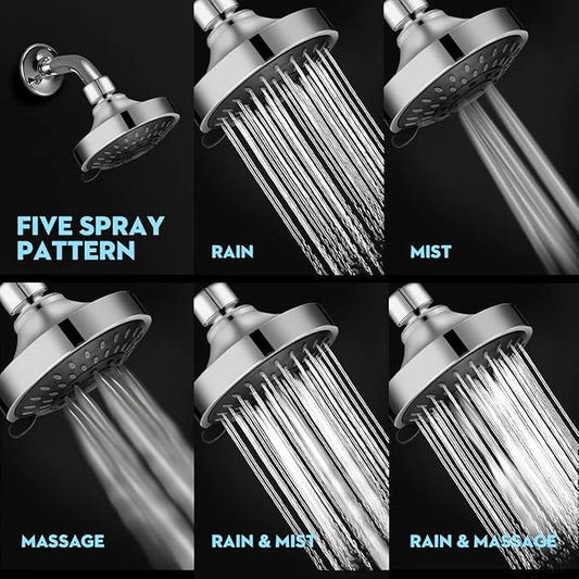 WarmSpray High Pressure Shower Head 5 Settings Fixed Showerhead 4 Inch High Flow Bathroom Showerhead with Adjustable Brass Ball Joint for Luxury Shower Experience Even at Low Water Pressure