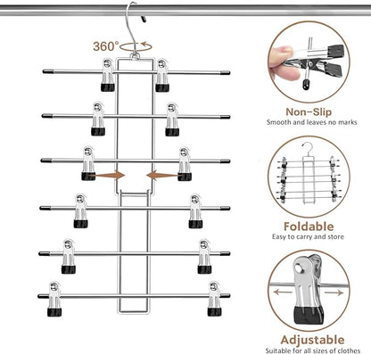 Pants Hangers with Clips,Space Saving Hanging Closet Organizer-6 Tiers Skirt Hangers with 360° Swivel Hook,Closet Organizer-Clothes Hangers- College Dorm Essentials Apartment Essentials- 4 Pack