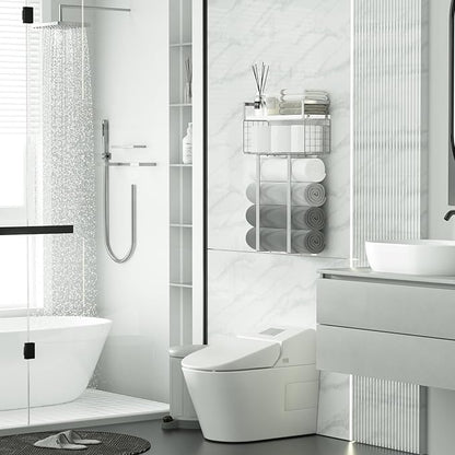 Towel Racks for Bathroom, Bathroom Shelf Over Toilet,Floating Shelves with Towel Rack Paper Holder Storage Basket,Floating Shelves for Wall Decor,Silver