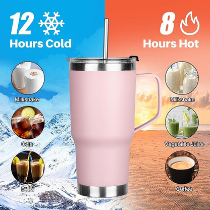 20 oz Tumbler with Handle, Stainless Steel Insulated Tumbler with Lid and Straw, Double Wall Vacuum Coffee Mug Tumbler, Insulated Coffee Thermal Cup for Cold and Hot (Pink)