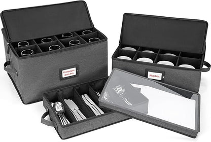ANILD China Storage Containers 3-Piece Set, Hard Shell Box Moving Dishes, Wine and Glasses, Mugs, Cups, Champagne Flute, Ideal for Kitchen Organization and Moving Supplies