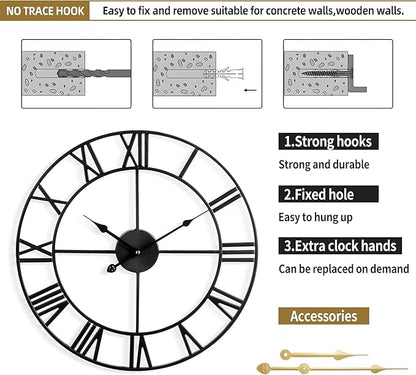 Large Wall Clock for Living Room Decor - 60cm/ 24 Inches Silent Non-Ticking Metal Wall Clocks Battery Operated, Vintage Decorative Modern Wall Clock for Bedroom, Office, Farmhouse Decor