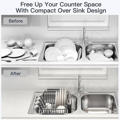 MAJALiS Dish Drying Rack Over The Sink with Utensil Holder, Drainboard | Expandable Stainless Steel Dish Drainer for Small Kitchen, Apartment, RV, Counter Space Saving, Perfect Fit, Rustproof