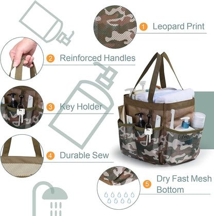 F-color Shower Caddy Portable - Mesh Shower Bag Basket Tote for College Dorm Room Essentials Bathroom Gym Camp Quick Dry for Women Men with S Hook, Brown Camouflage