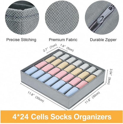 Sock Organizer 4 Pack, 24 Cell Underwear Organizer Foldable Underwear Storage, Sock and Underwear Drawer Organizer for Socks Ties Underwear Belts. (Grey)