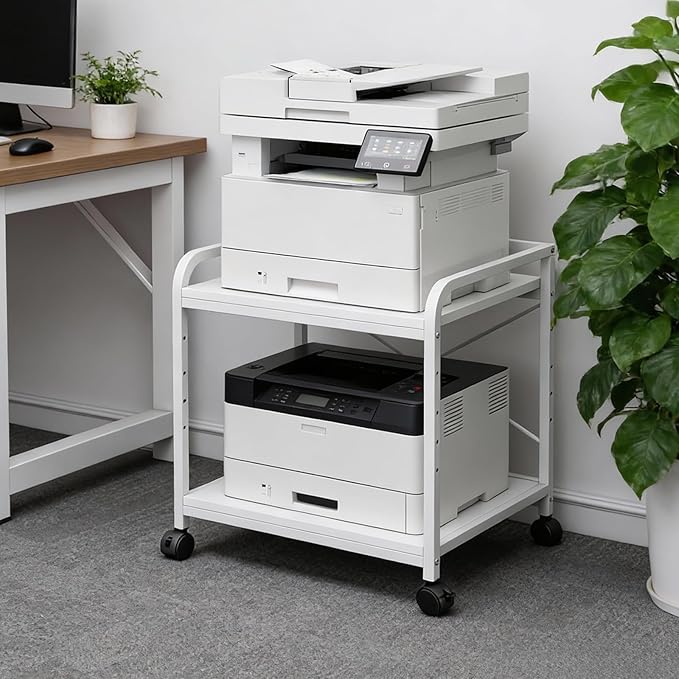Garvee Under Desk Printer Stand, 2 Tier Printer Stand with Height Adjustable Storage Shelf, 20" Deep Large Rolling Printer Cart with Wheels for Home Office, White