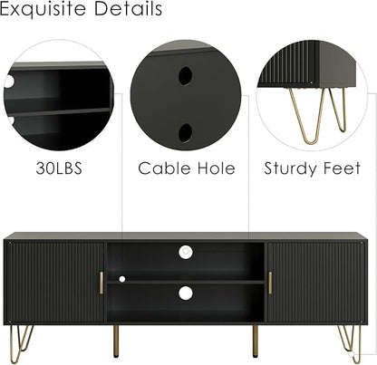 TV Stand for 55-65 inch TV, Entertainment Center with Soft Hinge Door,TV Console Table with 2 Cabinets with Gold Handle and Feet,for Living Room, Bedroom, Black