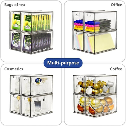 4 Pack Tea Bag Drawers Organizer, Clear Plastic Stackable Tea Organizers and Storage, Portable Tea Bag Holder 6.5" x 4" x 3" for Kitchen Pantry Organizer