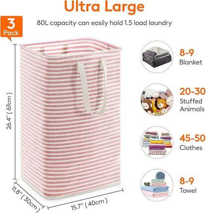 Lifewit 3 Pack Laundry Hamper Large Collapsible Laundry Baskets, Freestanding Waterproof Clothes Hamper with Easy Carry Handles in Laundry Room Bedroom Bathroom College Dorm, Pink, 3 x 80L