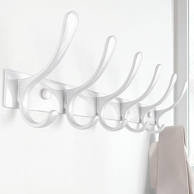 SKOLOO Heavy Duty Wall Mounted Coat Rack - 6 Hooks, Stainless Steel, Pack of 2, Sturdy Coat Hooks for Hanging Clothes, Jacket, Hat, White