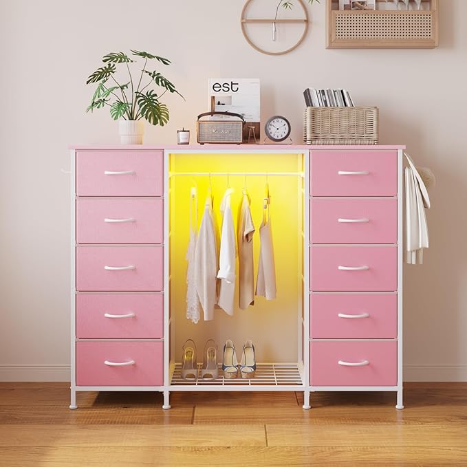 LUMTOK 2-in-1 Dresser with Hanging Rack, 10 Drawers Dresser for Bedroom,Dressers with Fabric Drawers,LED Lights, Charging Station and Hanging Racks for Bedroom (Pink)