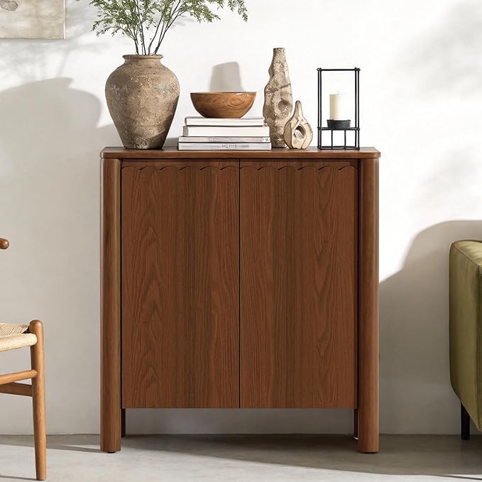 Buffet Cabinet with Storage, Accent Sideboard Cabinet with Adjustable Shelves, Solid Wood Freestanding Storage Cabinet for Living Room Dining Room Entry Kitchen, Walnut