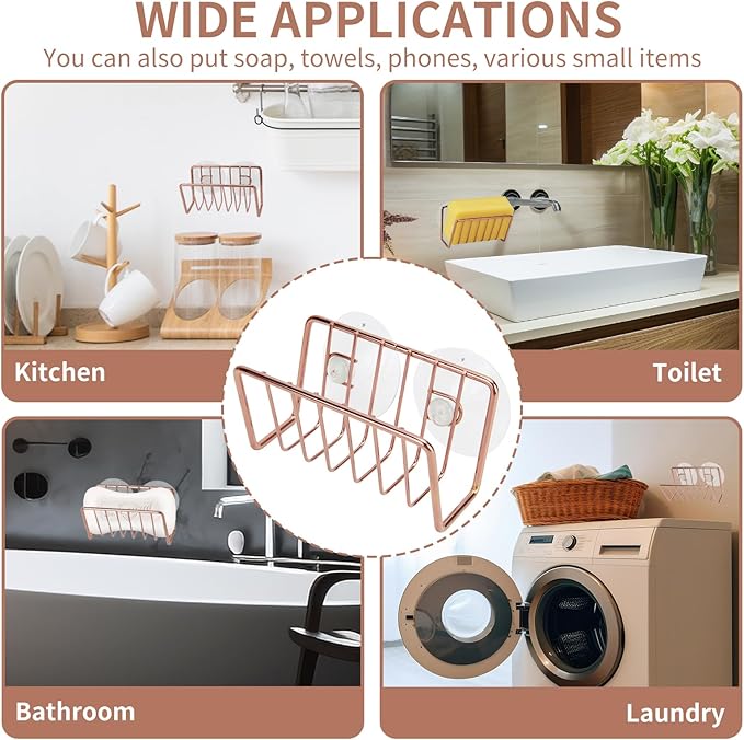 Blueden Soap Sponge Holder for Kitchen Sink Shower, No Drilling. Rustproof Stainless Steel, Wall Mounted Soap Holder Soap Tray Bar Holder with Suction Cups for Bathroom & Kitchen. Rose Gold.