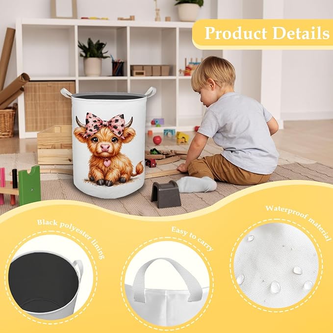 HKTZM Highland Cow Baby Nursery Laundry Basket, Toybox for Girls Room, Pink Leopard Bow Cow Laundry Basket Waterproof Collapsible Clothes Toys Storage Bin Organizer for Kids Room Playroom Bathroom