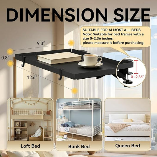 Foldable Bedside Shelf for Bunk Beds, Heavy Duty Metal Clip-On Nightstand Tray, 12.6 x 9.25 Inch Loft Bed Side Table with Cord Hole, Dorm Room College Essentials, Black