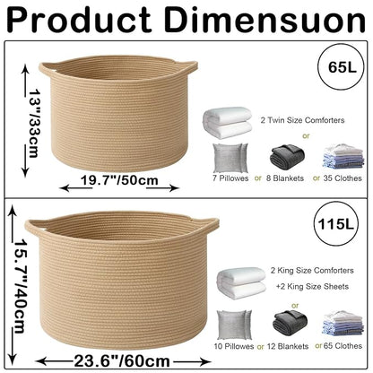 115L Extra Large Blanket Basket,Woven Rope Laundry Basket Hamper with Handles, Decorative Nursery Basket Storage Bin for Toys, Clothes Organizer, Living Room, Bedroom, Bathroom, Camel
