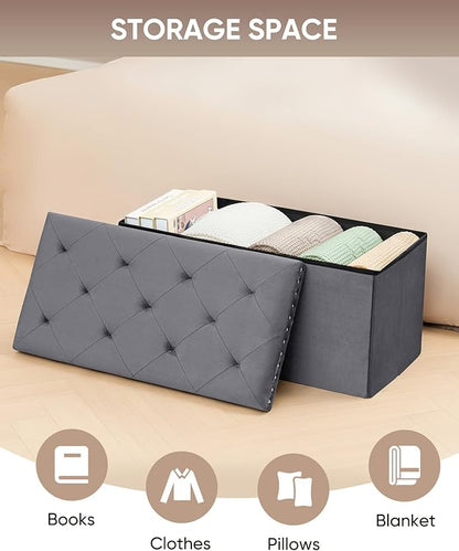 B FSOBEIIALEO Storage Ottoman Cube Folding Tufted Ottomanse, Storage Boxes Footrest for Bedroom, Luxury Velvet Fabric 30 * 15 * 15 Inches Grey