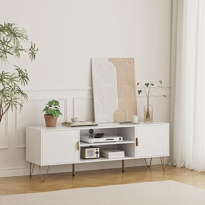 TV Stand for 55-65 Inch TV, Entertainment Center with Soft Hinge Door,TV Console Table with 2 Cabinets with Gold Handle and Feet,for Living Room, Bedroom, White