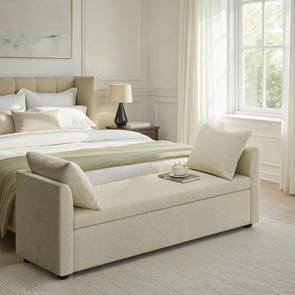 HULALA HOME Modern Storage Bench with Throw Pillows, 59.4" Extra Long Bedroom Ottoman Bench for End of Bed, Comfy Upholstered Footstool for Entryway Dining Room Living Room, Beige