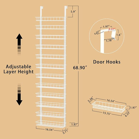 Churboro Over the Door Pantry Organizer Rack with 12 Adjustable Baskets, 12 Tiers Dual-use Spice Rack- Hanging or Wall Mount Spice Rack, Pantry Door Organizer, White