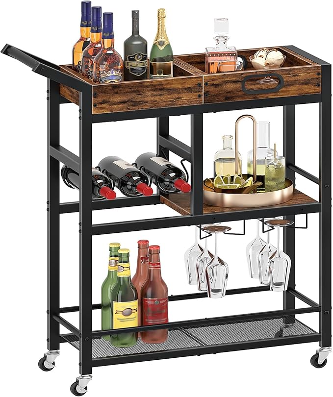 HOOBRO Bar Cart, Bar Cart for The Home, 3-Tier Home Bar Serving Cart with Wine Rack and Glass Holder, Kitchen Cart for Home, Living Room, Party, Bar, Rustic Brown and Black BF62TC01