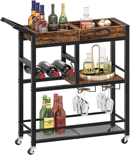 HOOBRO Bar Cart, Bar Cart for The Home, 3-Tier Home Bar Serving Cart with Wine Rack and Glass Holder, Kitchen Cart for Home, Living Room, Party, Bar, Rustic Brown and Black BF62TC01
