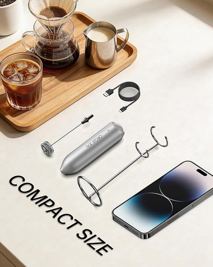 CIRCLE JOY Rechargeable Milk Frother Handheld with Stand, Dual Spring Whisk Electric Foam Maker, Detachable Hand Frother Wand Drink Mixer for Lattes, Cappuccino, Macchiato, Hot Chocolate, Silver